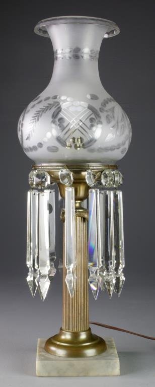 Sinumbra Marble and Etched Glass Table Lamp: Having an etched and frosted bell form glass shade with reeded gilt metal standard, long crystal prisms, raised on square marble base, measures 25.5"H, circa early to mid 20th century. Property of a B