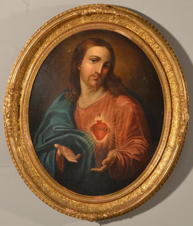 Manner of Pascual Calvo Oil Painting on Board: Depicting the Sacred Heart of Christ in the manner of Pascual Calvo (1752-1817) Spanish artist known for painting , unsigned and in an ornate gold leaf frame, measures 26.25"H x 21.25"W sight, 34"H x 