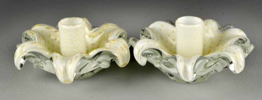 Pr. Of Fine Murano Cased Glass Candlestands: Formed as flower petals having clear to cased glass and having gold specs throughout, each having a finely polished pontil, 5.75"W, circa mid 20th century.