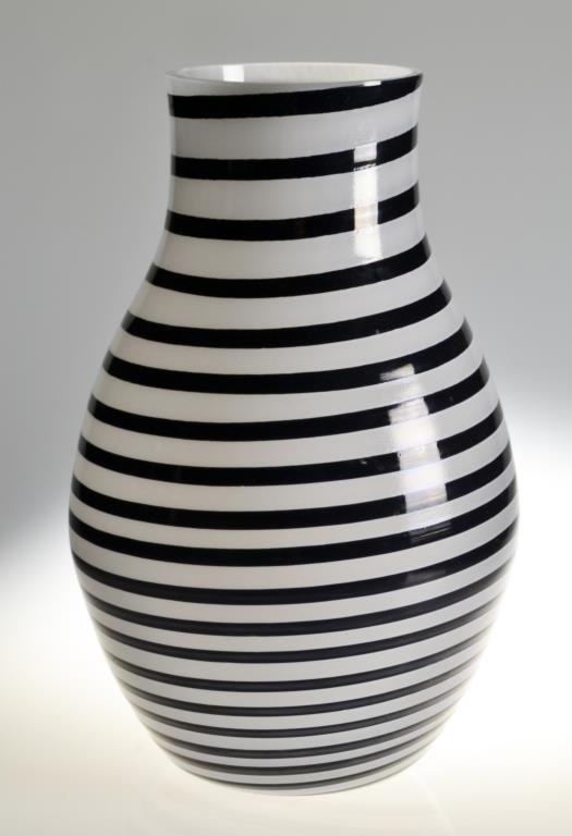 A Kosta Boda Art Glass Vase: Having black stripes against a white frosted ground, signed Kosta Boda Art Coll. Artist signed G. Sahlin and numbered 49507 10"H, circa 20th century.