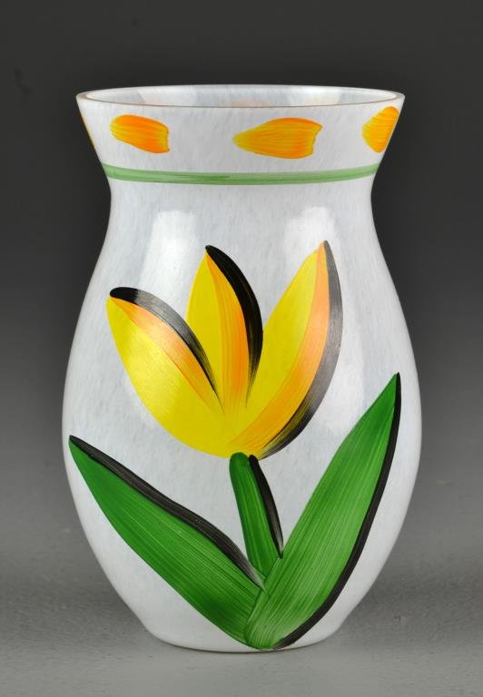 A Kosta Boda Art Glass Vase: Decorated with tulips against a frosted white ground, signed Kosta Boda Art Coll. Artist signed illegible, 6.125"H, circa 20th century.
