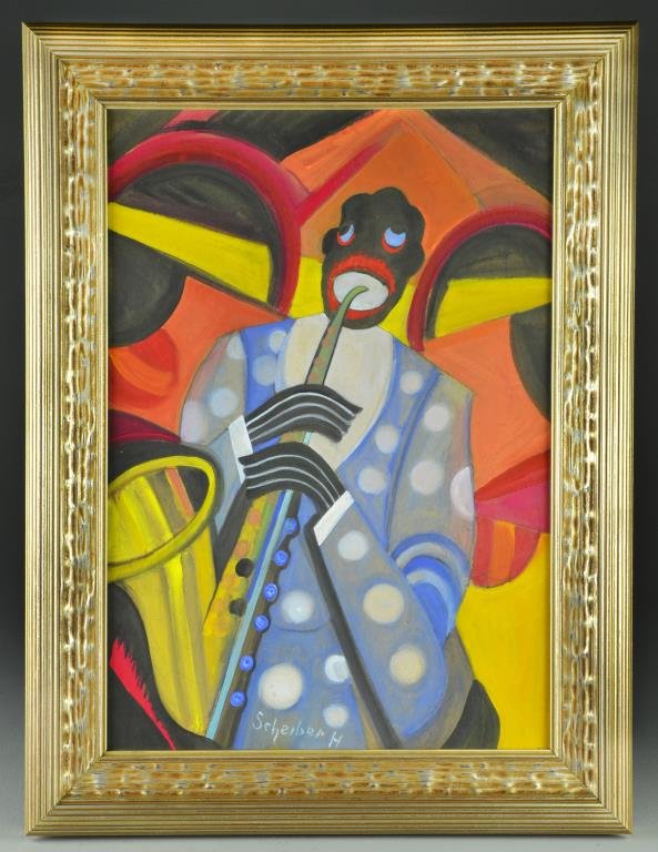 Hugo Scheiber "Attributed" Pastel and Watercolor: Titled "Jazz" depicting a gentleman playing the saxophone, signed lower center, Scheiber H, (1873-1950) Hungarian artist known for female figure and portrait painting, 21.5"H x 14"W sight, en verso wi