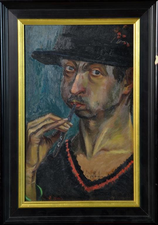 Louis Bosa Oil Painting on Board: A portrait of a male wearing a hat and playing a flute, signed lower left "L Bosa" Louis Bosa (1905 - 1981) an American artist known for modernist genre, figure, landscape, portrait painting, and teac