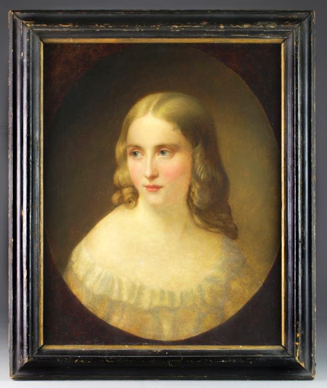 Attributed to Charles Baxter Oil Painting on Canvas: Painted to depict a portrait of a girl, unsigned, in ebony and gilt wood frame, 21.75"H x 17"W sight, 26.75" H x 22"W framed, circa 19th century. Condition, relined, having allover craquelure and appr