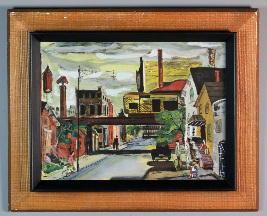 Frank S. Hermann Watercolor & Gouache Painting: Depicting figures in an urban street scene with a train overhead, probably New York City, entitled "Under the L" and signed "Hermann" to the lower left, Frank Simon Hermann (1866-1942) was an American