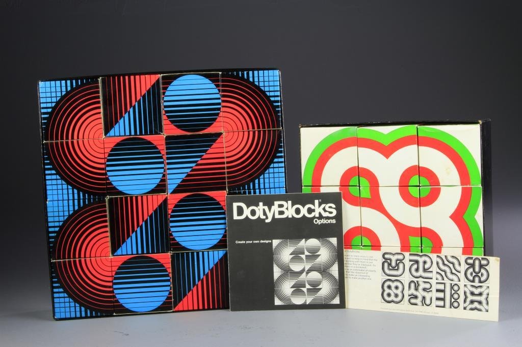(2) Boxes of Doty Blocks: Manufactured and designed by David Doty, Chicago Ill. Distributed by Beylerian limited New York, NY. Largest box measures 12"square, both circa 1970's. Collection of the Late Robert Willis owner of R.