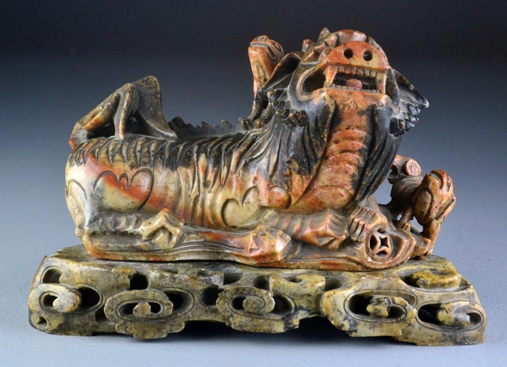 Chinese Carved Soapstone Censor: Finely carved as a fierce lion with two pups on conforming soapstone stand carved as ruyi.