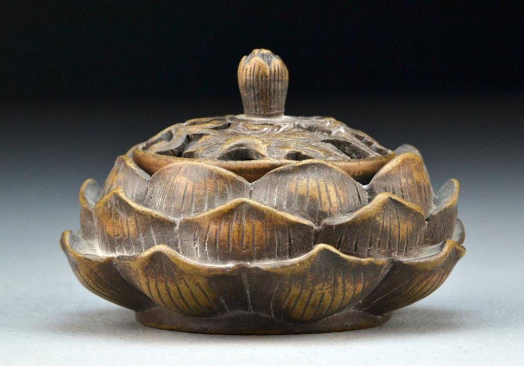 Chinese Yixing Pottery Incense Burner: Finely molded as a lotus blossom, with four character mar within a square to base, 3"H X 4.75"W. Private collection Rochester Hills Michigan.