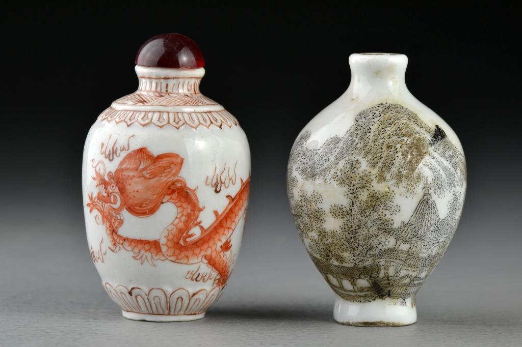 (2) Chinese Porcelain Snuff Bottles: One finely painted with a landscape scene, the other depicting four clawed dragon chasing flaming pearl, bases bearing four character mark and seal both in underglaze iron red, tallest is 2.75"H.