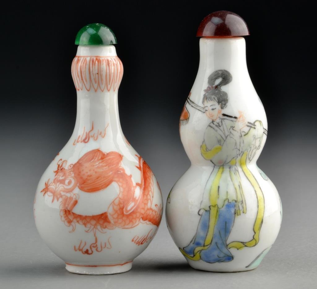 (2) Chinese Porcelain Snuff Bottles: One painted in iron red to depict four clawed dragon chasing flaming pearl, the second example having gourd form and painted to depict a beauty in a landscape, tallest is 3.4"H.