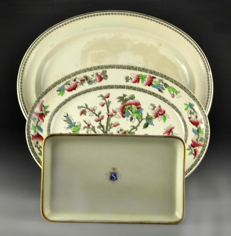 (3) American and English Porcelain Serving Trays: To include a Syracuse china rectangular serving tray made for Hotel Statler, a Johnson Bros. Indian Tree serving platter and a large Wedgwood Etruria serving platter, largest measures 19"L, circa late