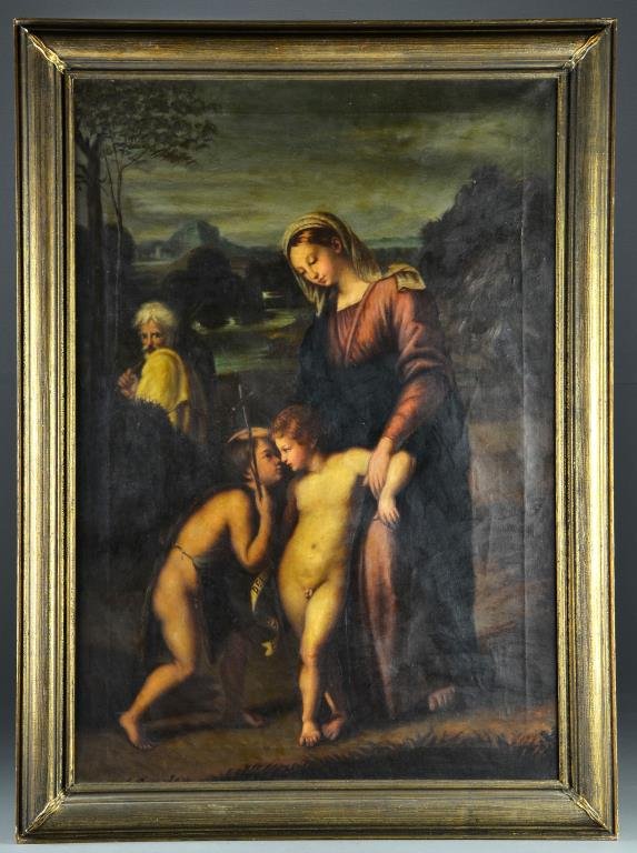 Raphael's Madonna del Passeggio, Early Copy: An oil on canvas painting replicating the famous original by the Italian master Raphael, reverse titled with possible artist's name "L. di Salvo", measures 33"H x 23"W sight, 37.75"H x 27.75"W framed,