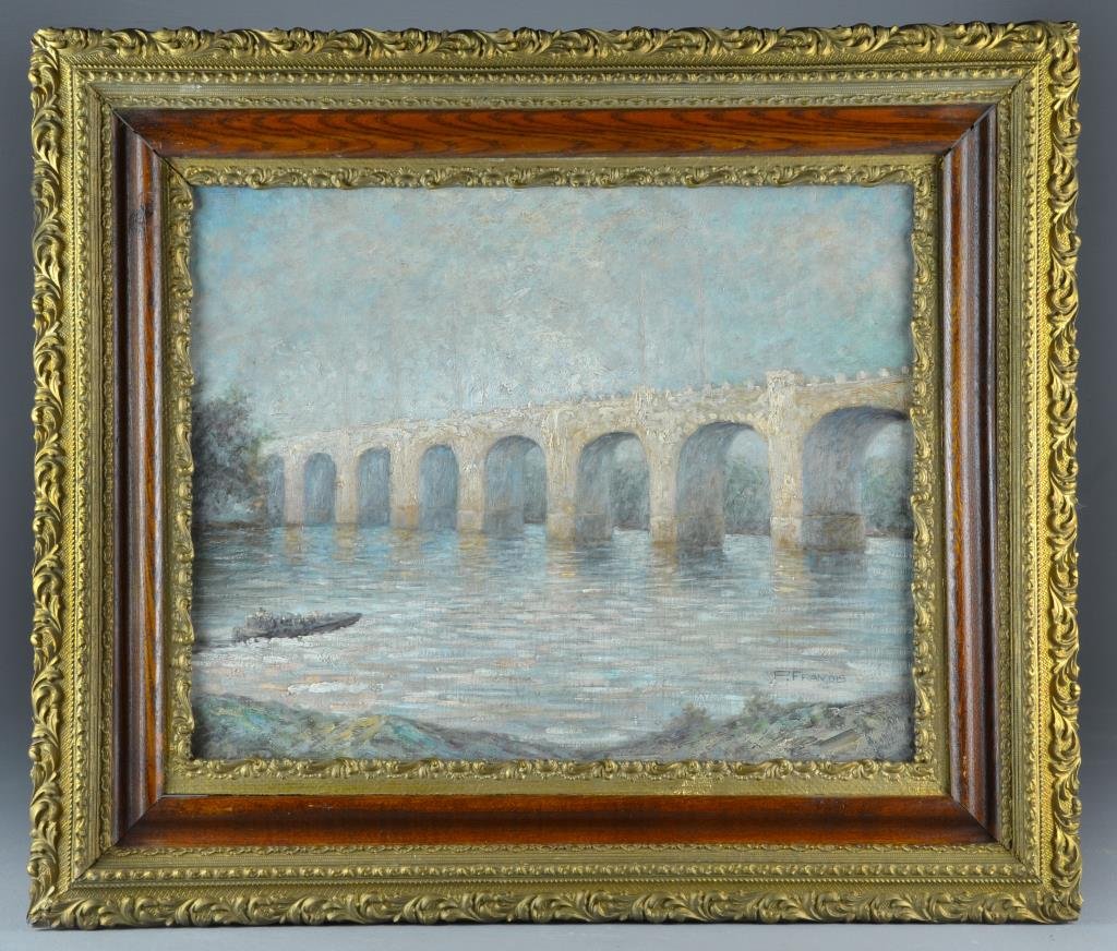 P. Francois Oil Painting on Canvas Board: Painted to depict a boat near the old Croton Aqueduct in New York, signed P. Francois lower right, 18"H X 21.5"W sight, 24"H X 28"W framed, circa 1st quarter 20th century