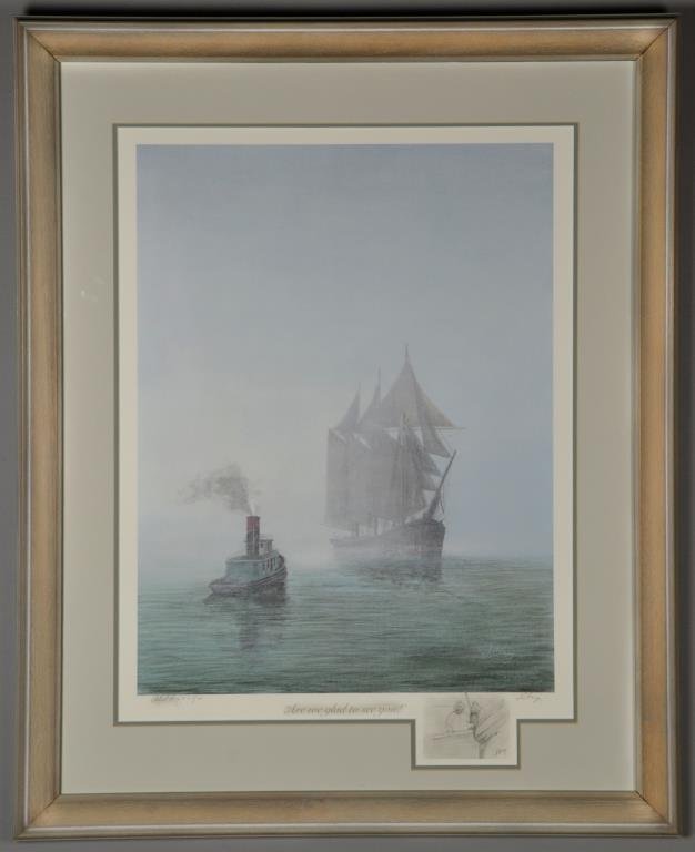 Large Jim Clary Pencil Signed Print: Titled "Äre We Glad to See You!" artist proof 13/20, pencil signed lower right, also a remark in lower right, pencil signed drawing of a sea captain, nicely framed and matted 22.5"H x 17.5"W sight, 3