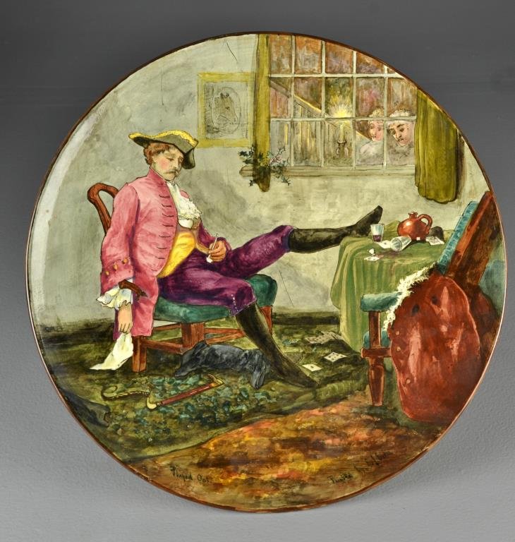 An Artist Signed Antique English Porcelain Plate: Titled "Played Out", artist signed lower right E. J. Evans, reverse with painted excerpt from "Adeline Mardsden's Victory" written by N. Savile Clarke which describes the painted scene to front, dated