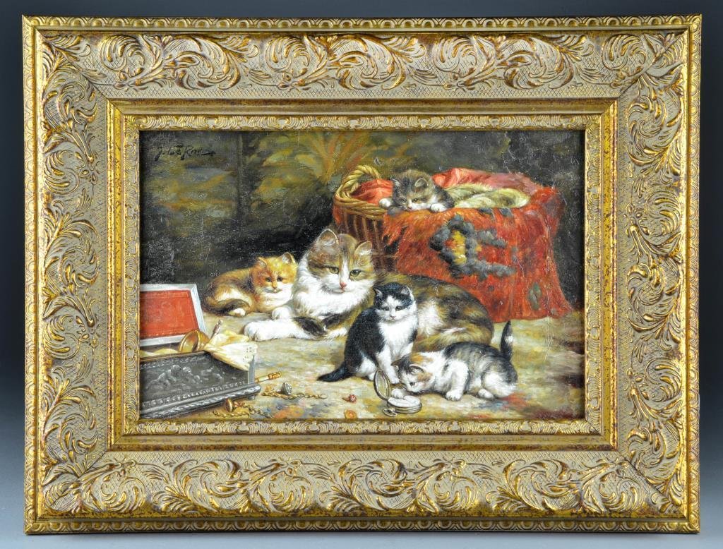 Jules Le Roy Oil Painting on Canvas: Painted to depict kittens at play, signed upper left J. Le Roy, Jules Le Roy, (1856-1921) French artist known for kittens and genre painting, en verso stamped G. Rowney & Co. "London V"? "Quality F"?.