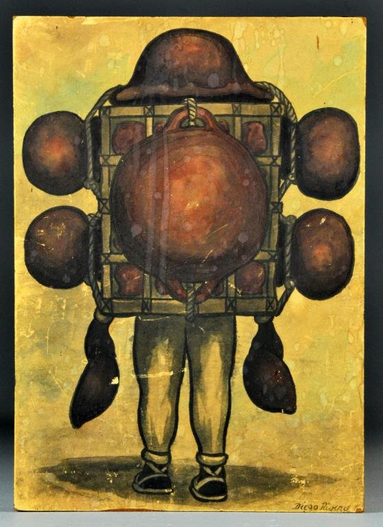 Style of Diego Rivera Oil Painting on Board: Painted to depict a street vendor selling pots. Signed lower right Diego Rivera but probably painted by another artist. Diego Rivera (1886-1967) was an American Artist known for social realist mural p