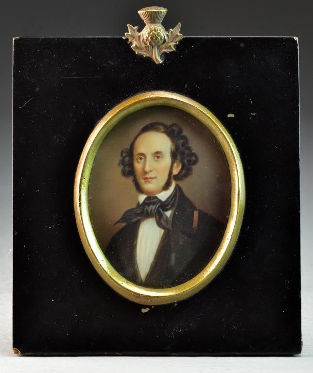 A Francois Dumont Portrait Miniature on Ivory: A fine portrait of German composer Felix Mendelssohn, oil paint on ivory, appears to be signed Dumont to right edge, Francois Dumont (1751-1831) was a French miniature portrait artist, measures approx