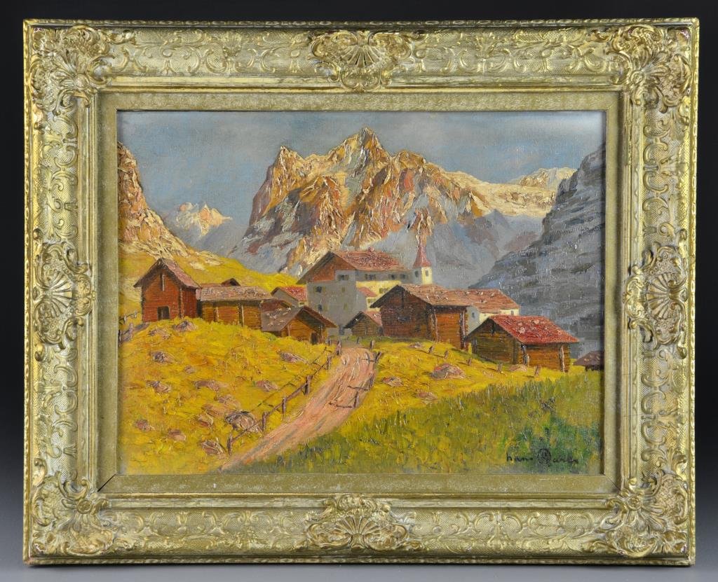 Hans Figura Oil Painting on Canvas: Depicting a European village with a mountain range backdrop, signed lower right, Hans Figura (1898-1978) was an Austrian/Hungarian artist known for his European landscape and cityscape scenes, reverse