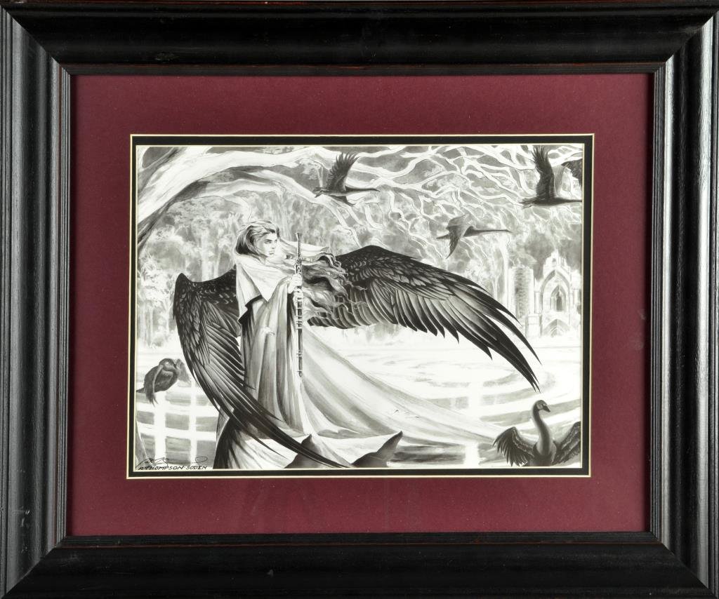 Ruth Thompson-Soden Ink on Paper: Depicting a fantasy scene with swans and a winged woman holding a dagger, signed lower left, Ruth Thompson-Soden is an American fantasy artist known for her paintings and drawings, nicely framed and m