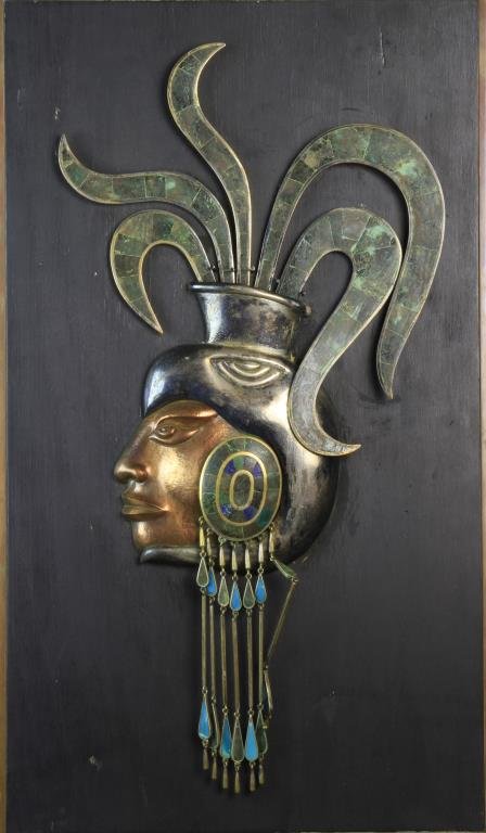 Los Castillo Copper & Silver Inlaid Plaque: Los Castillo wall plaque, probably Taxco, Mexico, finely hammered and chaise profile plaque in the half-round, inlaid with turquoise and semi precious stones, affixed to wood and copper trim plaque, p