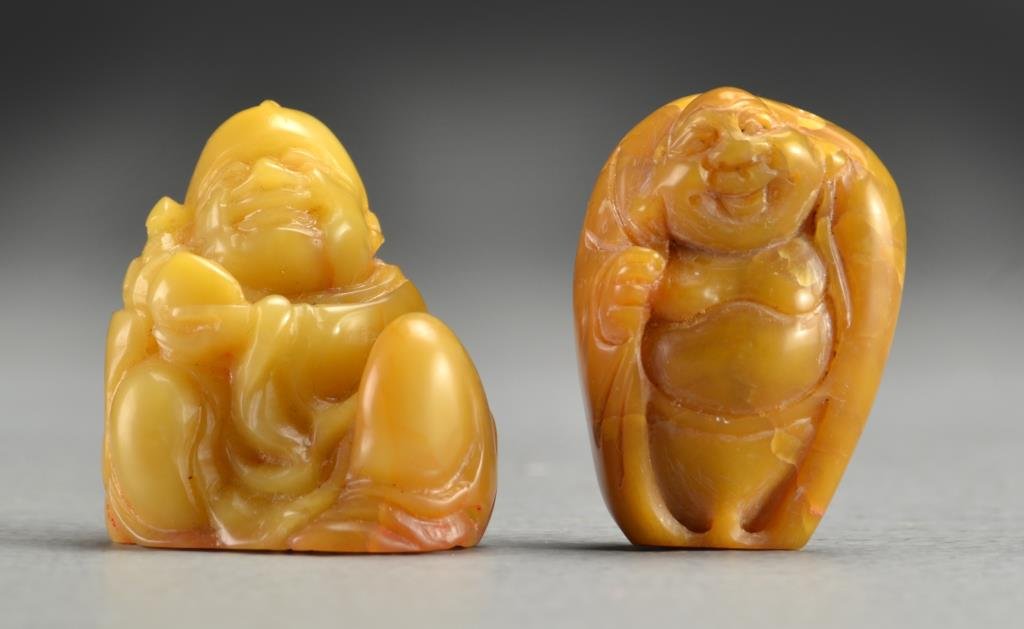 (2) Chinese Tianhuang Stone Carved Figural Seals: Finely carved as Buddha's with two to four character marks carved to the seal face, tallest is 1.5"H.