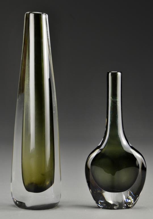 (2) Orrefors Cased Glass Vases: In the modern taste, signed and furthered labeled with additional letters and numbers, tallest is 9.5"H, circa 20th century.