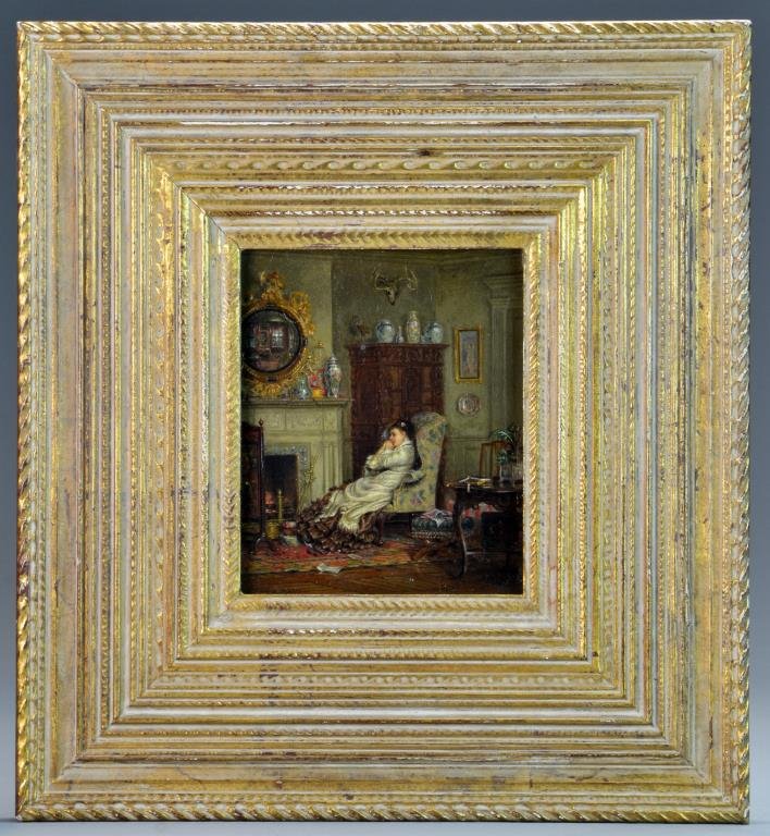 Edward Lamson Henry Oil Painting on Board: Depicting an interior scene with woman seated in Chippendale armchair, fireplace, fire screen, mirror, multiple vases, and accessories, exceptional detail throughout, signed lower left and mounted in