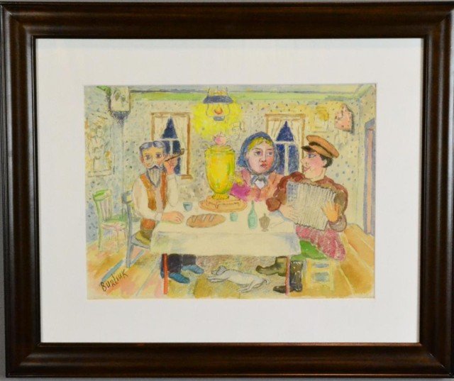 David Davidovich Burliuk "Attributed" Watercolor on: Primitive style painting of three Russian peasants seated at a dinner table in the evening. One man smoking a pipe, a woman in a babushka with her eyes focused on a man playing the accordian in Cossac