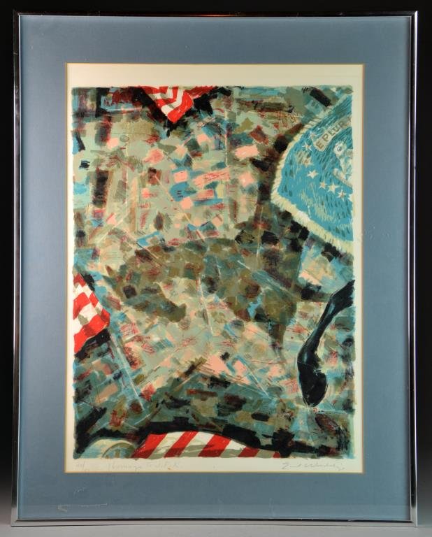 Emil Weddige "Homage to JFK" Lithograph: Color lithograph titled "Homage to JFK", hand numbered lower left 42/80, pencil signed lower right, Emil Weddige (1907-2001) was a Michigan printmaker and painter, measures 22.5"H x 16.25"W sight, 28.