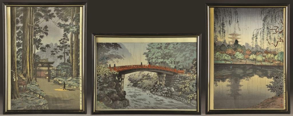 (3) Japanese Tsuchiya Koitsu Woodblock Prints: All having the same seal and artist mark, by artist Tsuchiya Koitsu (Japanese, 1870-1949) who was one of the leading print designers of the shin hanga school of prints, specializing in landscape print