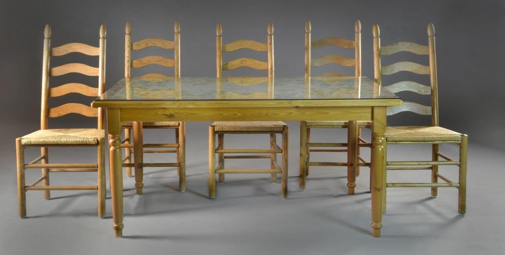 (6) Piece Italian Ceramiche Nicola Fasano Table &: A pine table and five ladder back oak chairs with rushed, having hand painted sunflower tiles set into table top, cermaic signed Nicola Fasano, Grottaglie, Italy, complete with glass top, table measur