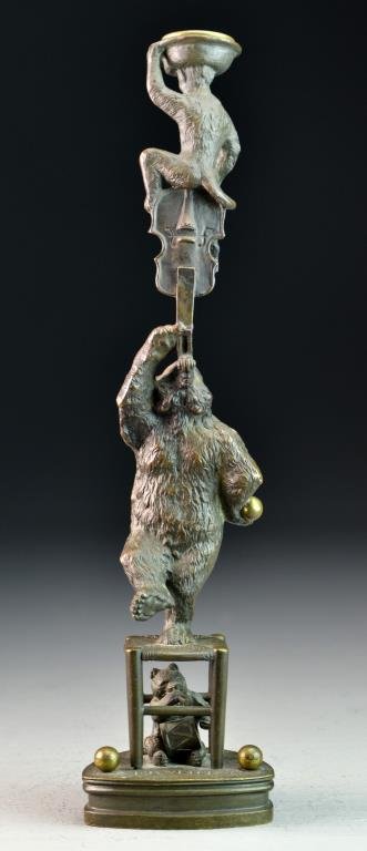 Christophe Fratin Bronze Candlestick: Finely cast to depict dancing bears, a monkey and musical instruments, stamped Fratin to base, Christophe Fratin (1800-1864) was a French artist known for sculpture, measures 12.25"H, circa 19th centu