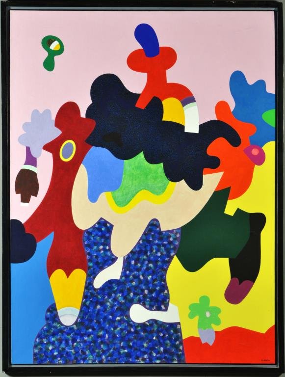 Otmar Alt Acrylic Painting on Canvas: Titled: "Der Shibenmeilenstiefel" (The 7 League Boots). Having a further identifcation number CL444 with an original purchase price of $2,000. Signed lower right O. Alt and dated 1970. Otmar Alt (born