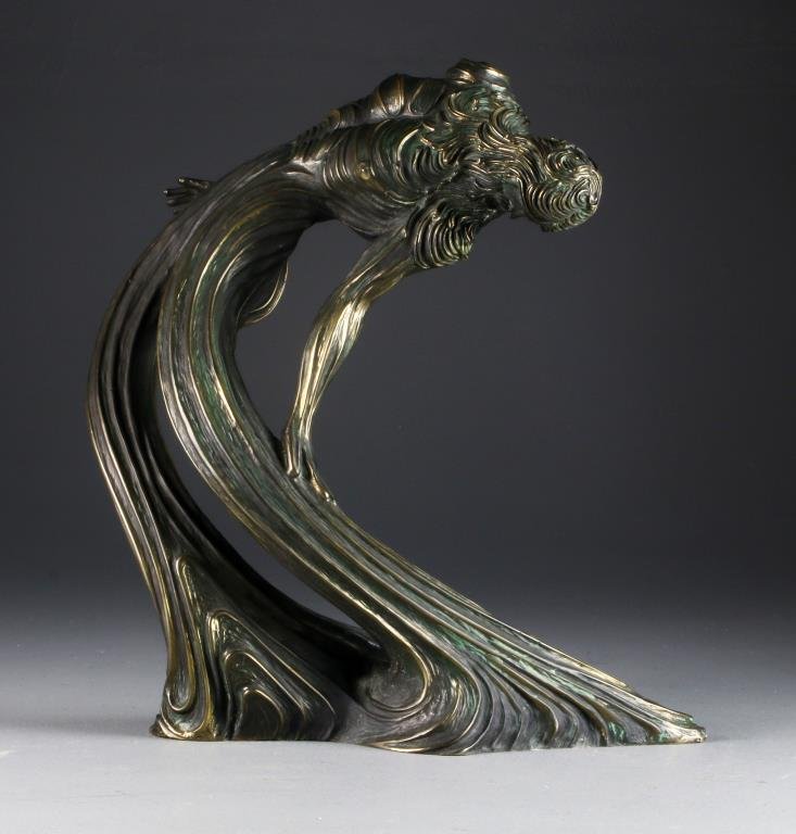 Bob Bennett Bronze Figural Sculpture: A dynamic bronze depicting a willowy figure, signed Bob Bennett, limited edition 28 of 50, measures 16.5"H, circa late 20th century.Property from Ethel Miller Siegel Trust, Bloomfield Hills, Michigan.