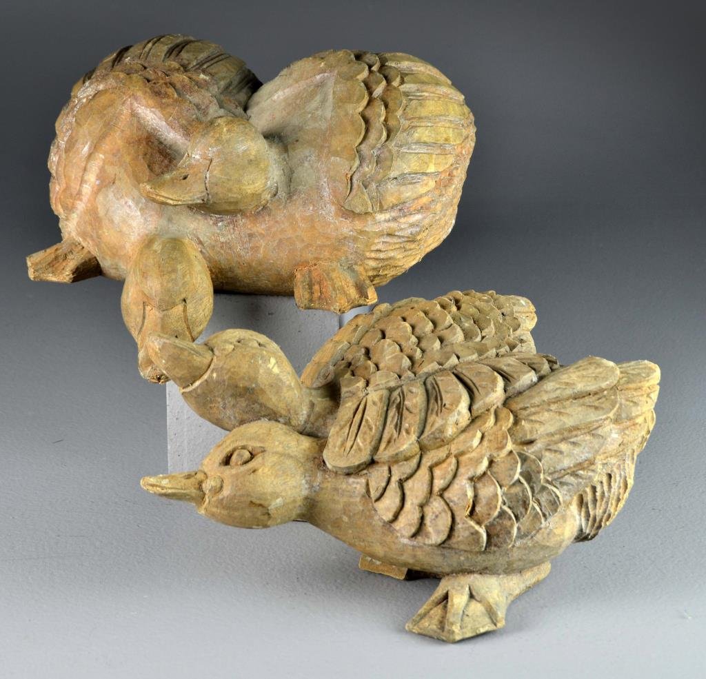 (2) South East Asian Carved Wood Molds: Groupings of two ducks, underside initialed "SV", made in Indonesia, likely papier-mache molds, largest measures approximately 5.75"H, circa 20th century. Condition: each with surface wear including s