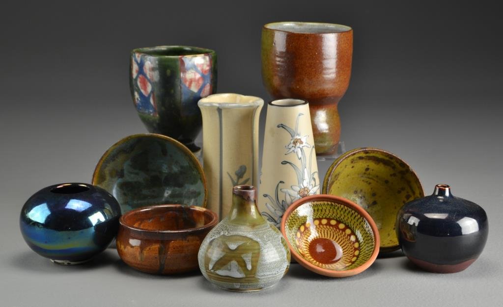 Grouping of (11) Pcs Cabinet Pottery: Comprised of vases, small bowls and cups of various styles, marks include France, Sweden, "CF", "R.F. Ciboure", and some illegible signatures, largest measures 5.75"H, circa 20th century.