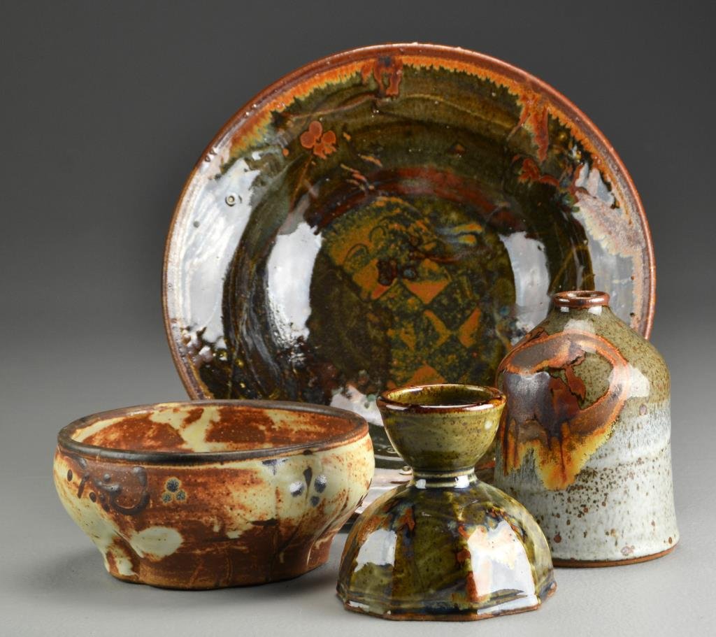 (4) Pcs John Glick, Plum Tree Pottery: To include two bowls, a candlestick and a vase, each signed "Glick" and marked for Plum Tree Pottery of Farmington Hills, MI, largest measures 10.75"Dia., circa 20th century.