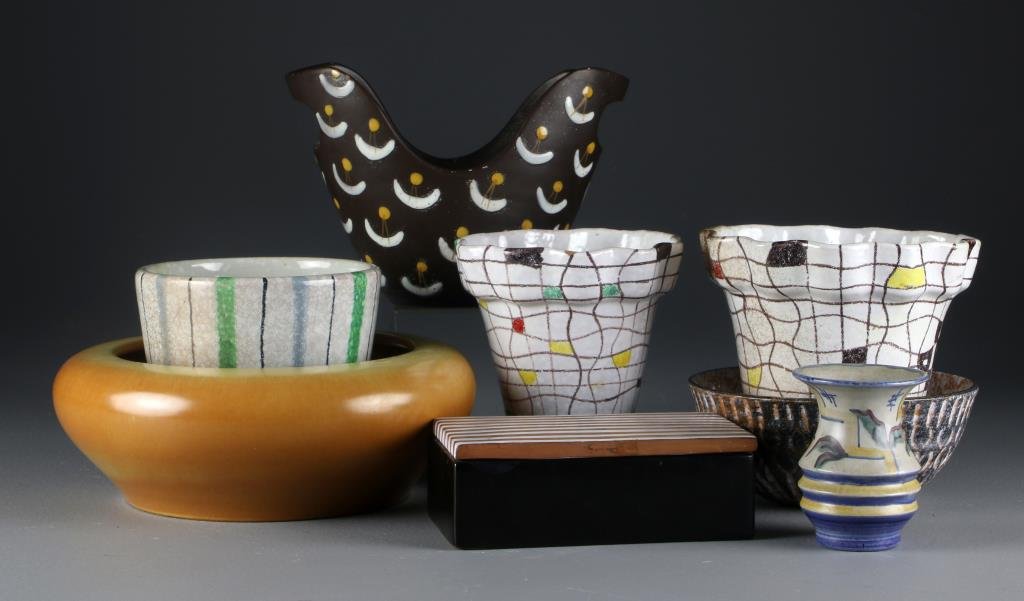 (8) Pcs Mid Century Italian Ceramics, Inc. Raymor: To include a basin retaining Raymor sticker to underside, a covered dresser box signed "Raymor, Italy", a pair of Piet Mondrian style planters, three bowls signed Italy and a small vase, circa mid-lat