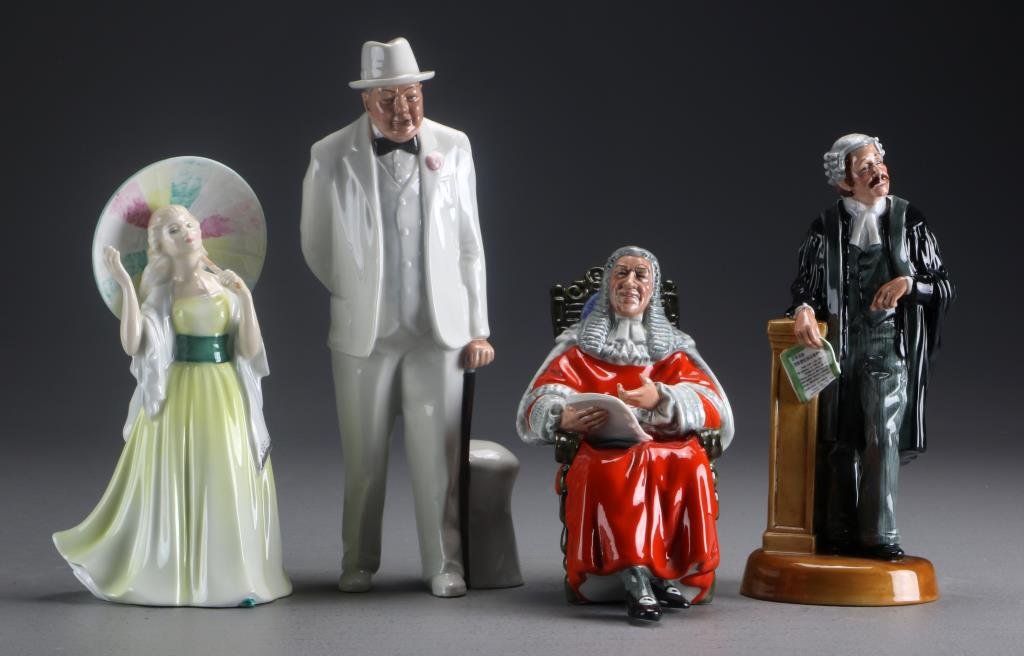 (4) Royal Doulton Porcelain Figurines: To include The Lawyer, Jane, Sir Winston Churchill, & The Judge, largest is 10.25"H.Property from Ethel Miller Siegel Trust, Bloomfield Hills, Michigan.