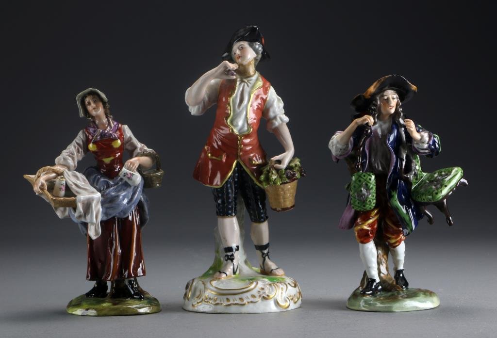 (3) French and Italian Porcelain Figures: Depicting peasants, two with N and crown mark likely for Capodimonte, one marked France, largest measures 9.75"H, circa 20th century. Condition: one with repaired neck. Property of a Lapeer, MI couple