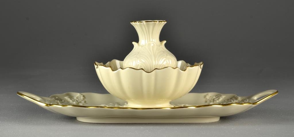 (3) Pieces Lenox Porcelain Table Articles: To include a embossed holiday serving tray, embossed bud vase and a scalloped serving bowl, largest measures 14.5"L, circa 20th century. Condition, all in good condition with no chips, cracks or repai
