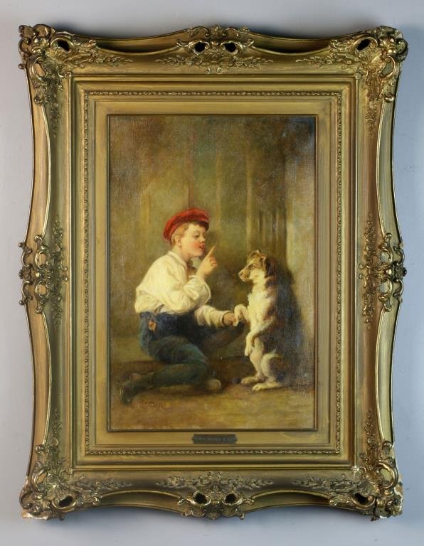 John George Brown Oil Painting on Canvas: Depicting a young boy training a dog, signed lowerleft "J. G. Brown", John George Brown (1831-1913) was an American painter known for his figure and genre paintings of children, appears to be mounted
