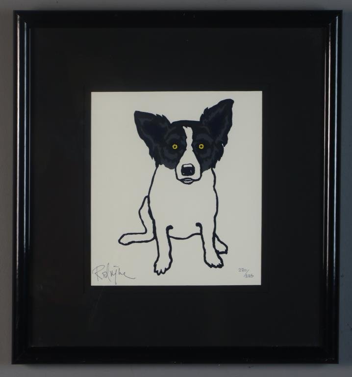 George Rodrigue Silkscreen: George Rodrique (American, b. 1944), black and white dog "Yellow Eyes", numbered 220 of 225, signed lower left, image measures 8.5"H x 7.5"W, 15.75"H x 14.75"W framed. Property of a prominent Grosse P