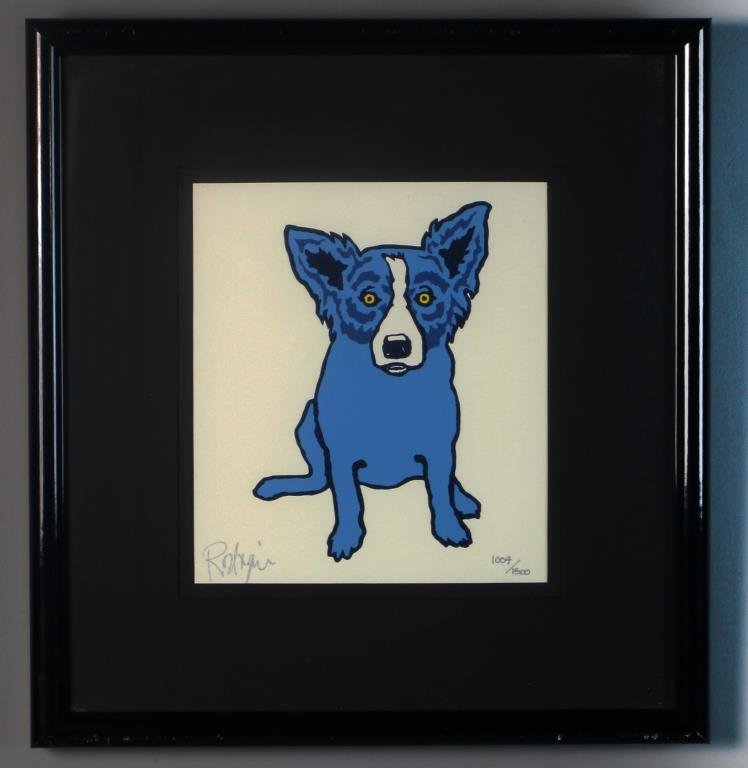 George Rodrigue Silkscreen: George Rodrique (American, b. 1944), blue dog, numbered 1004 of 1500, signed lower left, image measures 8.5"H x 7.5"W, 15.75"H x 14.75"W framed. Property of a prominent Grosse Pointe, MI family.