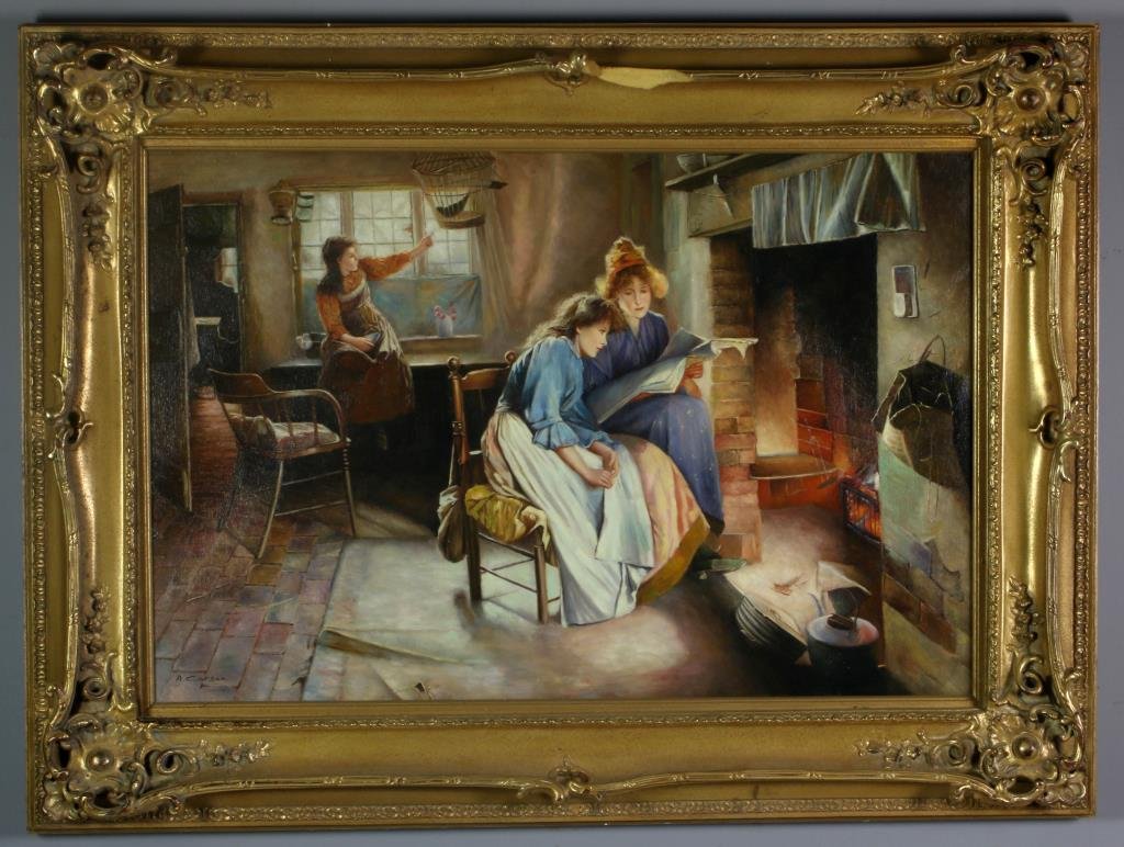 A Carson Oil Painting on Canvas: Depicting women seated by the hearth in an interior home scene, signed lower left "A. Carson", in beautiful gilt wood and composition frame, measures 25"H x 35.5"W sight, 34.5"H x 46.25"W framed, circ