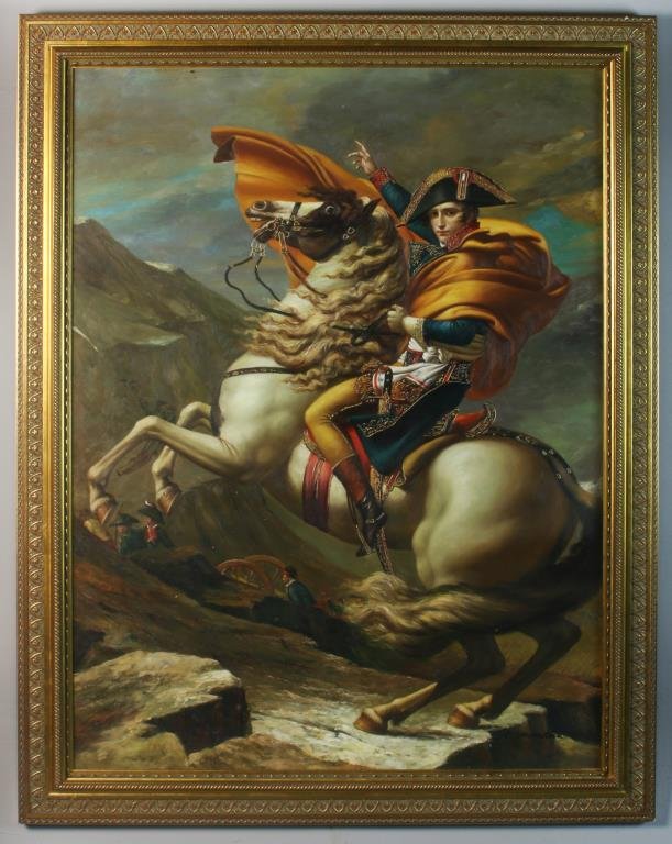 After Jacques-Louis David Oil Painting on Canvas: A finely painted reproduction of "Napoleon Crossing the Alps" by renowned French artist Jacques-Louis David (1748-1825) the original housed in Chateau de Malmaison, France, signed lower right "Shamant
