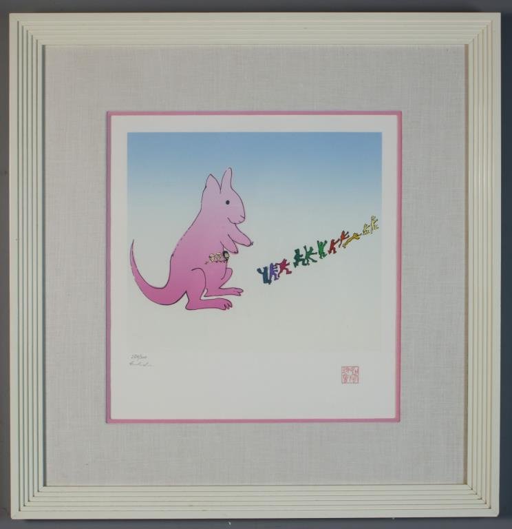 John Lennon, Yoko Ono Silkscreen on Paper: Depicting a pink kangaroo with figures, numbered 284 of 300, pencil signed by Yoko Ono(?) to lower left, lower right with red Asian seal mark and John Lennon chop mark, measures 28"H x 27"W framed. Pr