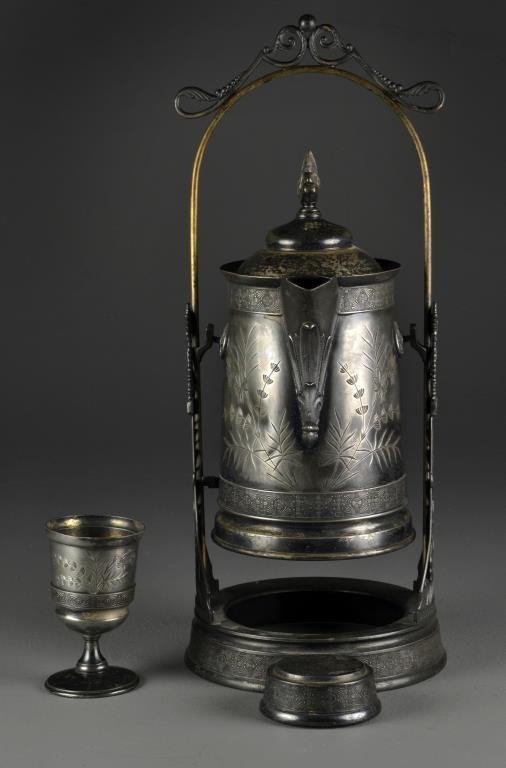 (3) American Silver Plate Kettle & Cup on Stand: A lidded kettle on a swing stand with a removable cup, decorated with floral spray motif, undersides marked for Hartford Silver Plate Co., quadruple plated, the cup engraved "5 Mile Handicap, Flint Fa