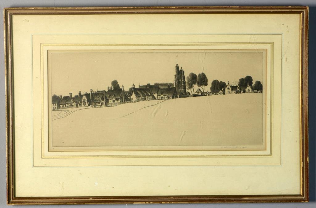 A John Taylor Arms Jr. Etching on Paper: Depicting town buildings on a hilltop, etched in great detail, lower left margin pencil marked with Roman Numeral II, pencil signed lower right and dated 1942, John Taylor Arms, Jr. (1887-1953) was an